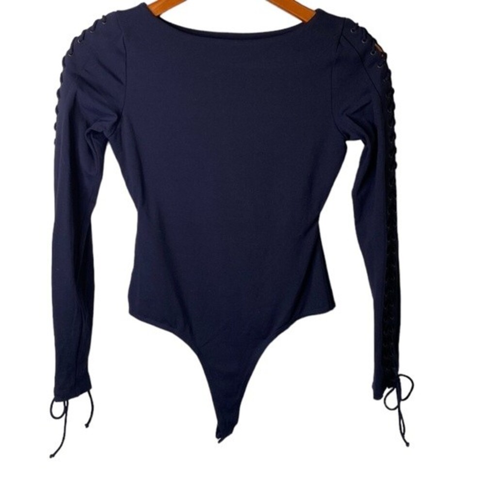 Susana Monaco Navy Lace-Up Long Sleeve Tie Cuff Boatneck Bodysuit